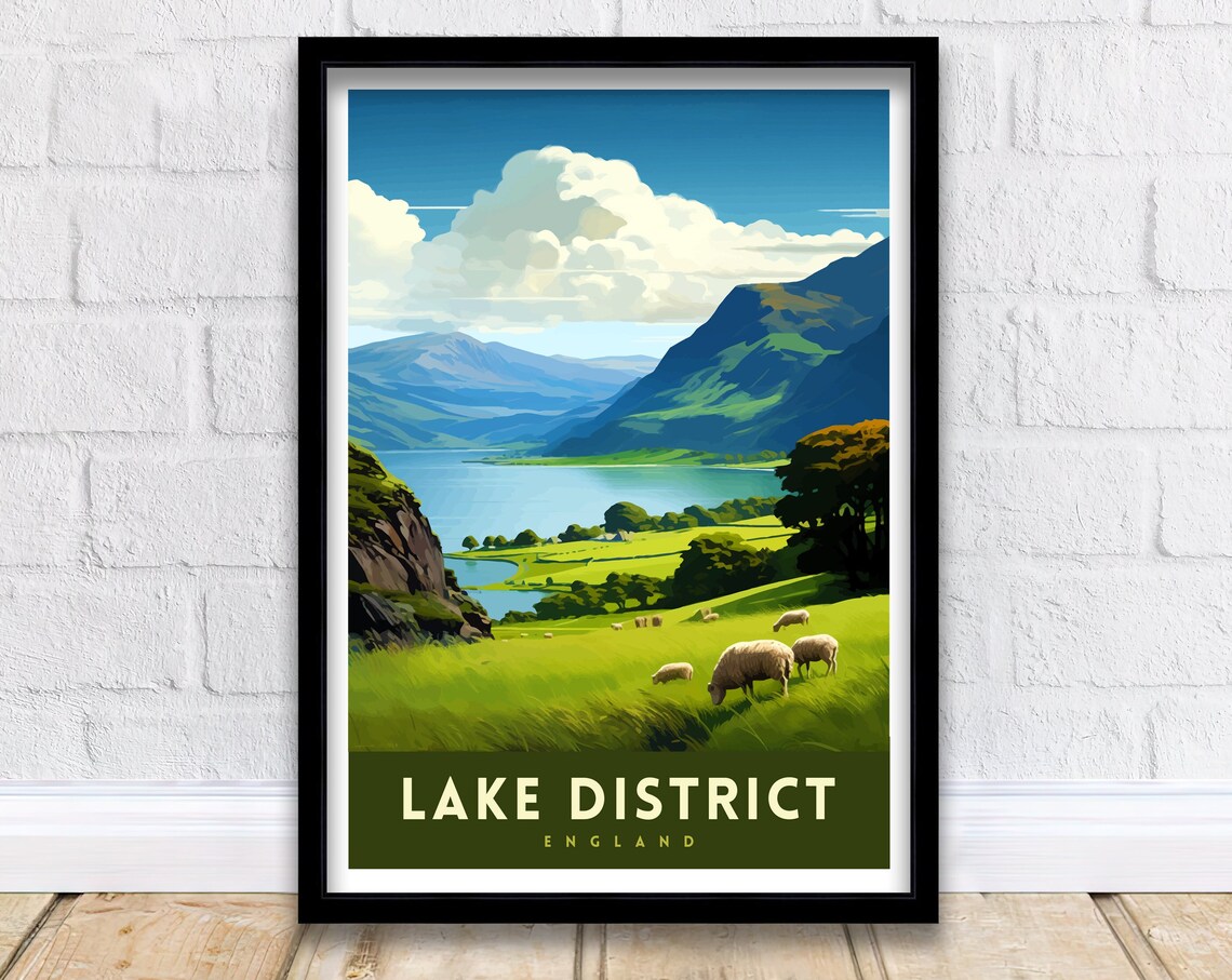 Lake District England Green Hills Sheep Mountain Lake Travel Poster