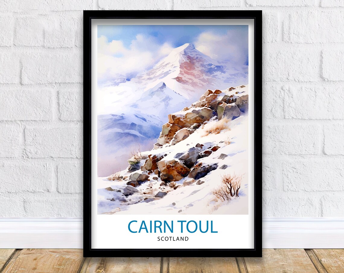 Cairn Toul Scotland Snowy Summit Watercolor Misty Mountain Poster