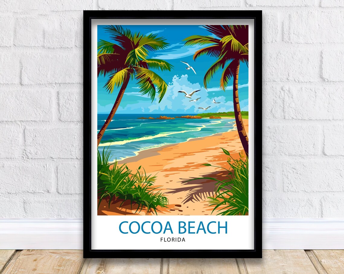 Cocoa Beach Florida Palm Trees Sandy Shore Ocean Waves Travel Poster