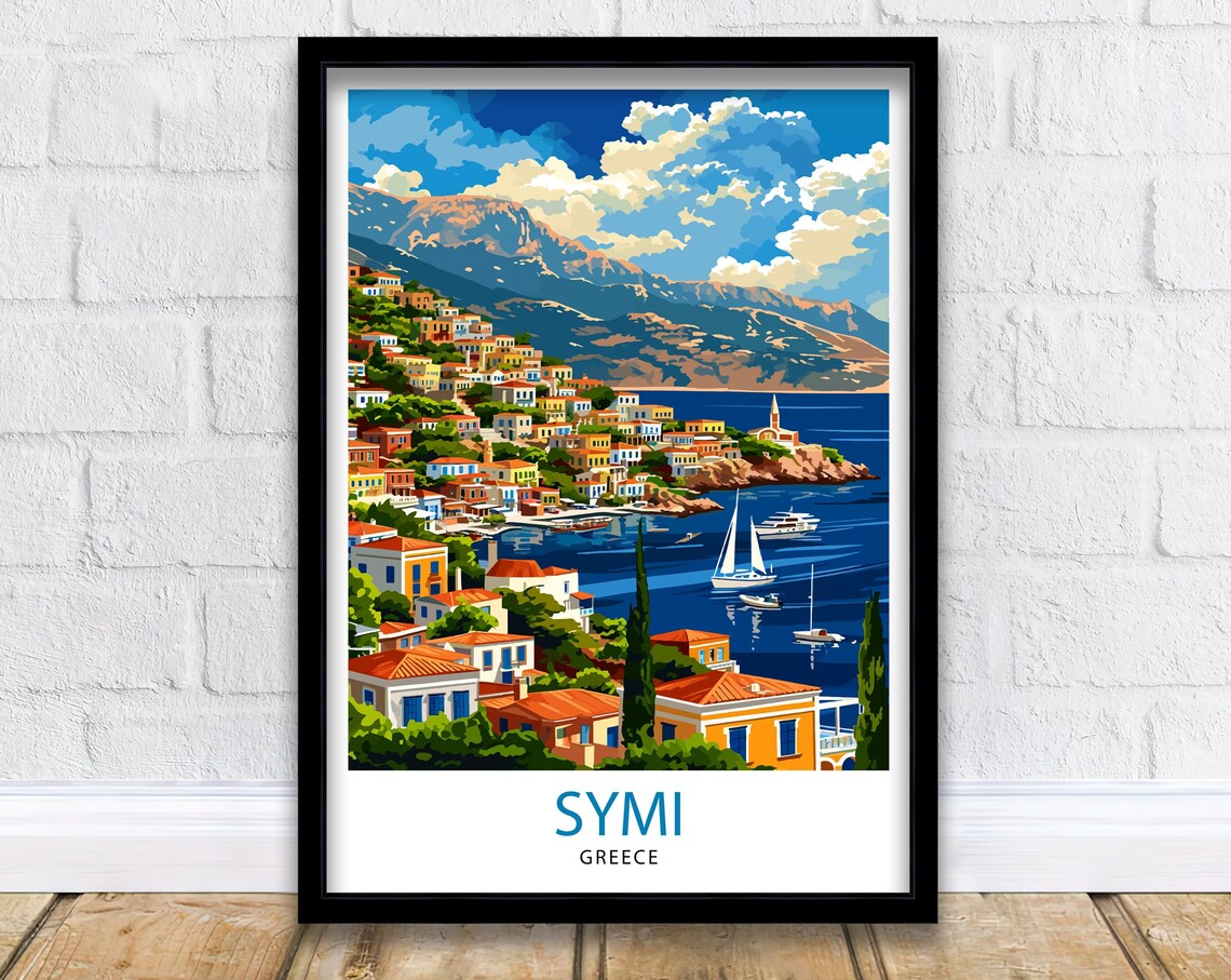Symi Greece Island Harbor Colorful Houses Sailboats Travel Poster
