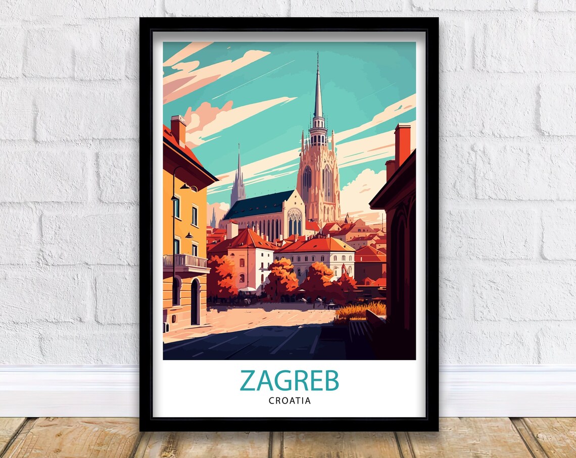 Zagreb Croatia Cathedral Old Town Street Scene Travel Poster