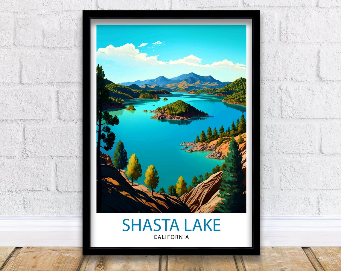 Shasta Lake California Vintage Travel Poster Blue Mountain Lake Scene