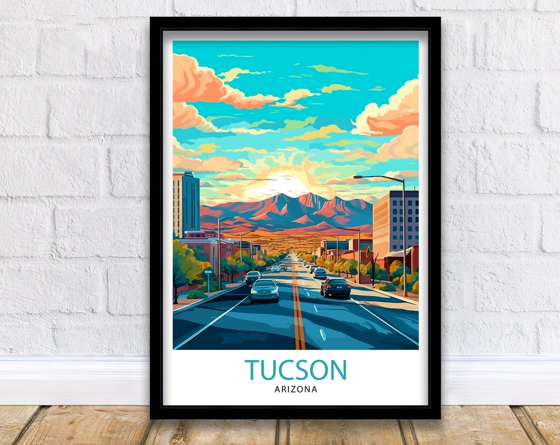 Tucson Arizona Downtown Street Mountains Sunset Clouds Poster