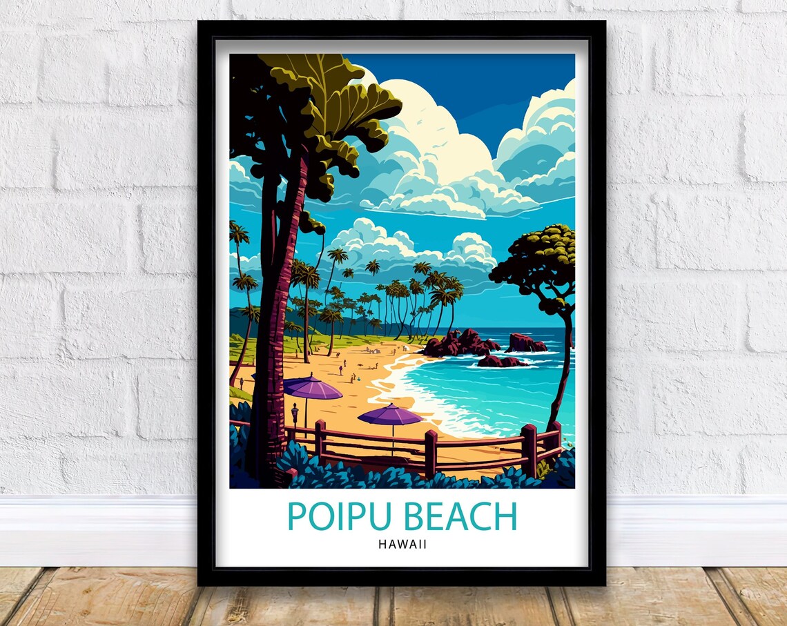 Poipu Beach Hawaii Palm Trees Umbrellas Ocean Vintage Travel Poster