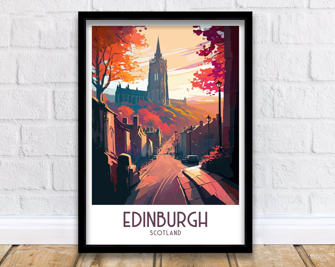 Edinburgh Scotland Autumn Street Historic Spire Sunset Travel Poster