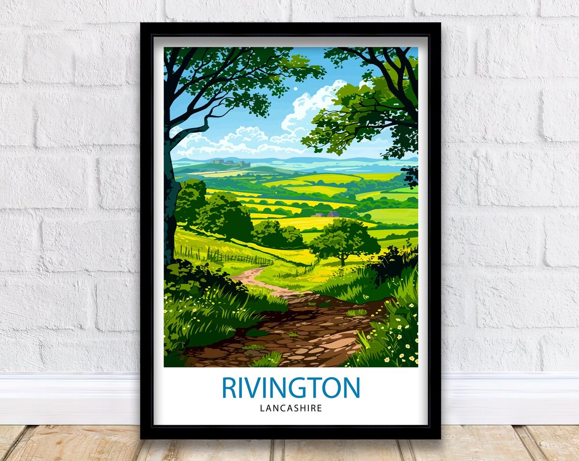 Rivington Lancashire Woodland Path Rolling Green Hills Travel Poster