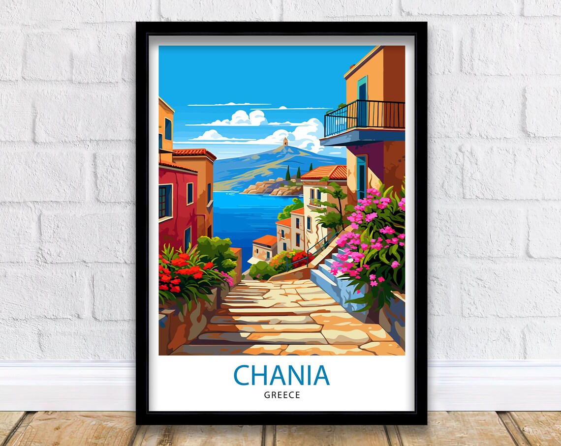 Chania Stone Steps Flowering Lane Sea View Crete Island Poster