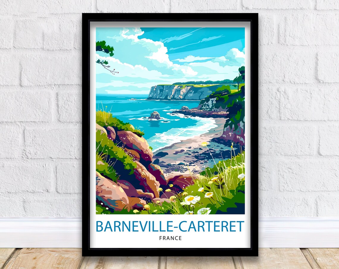 Barneville Carteret France Rocky Cliffs Coastal Travel Poster Art