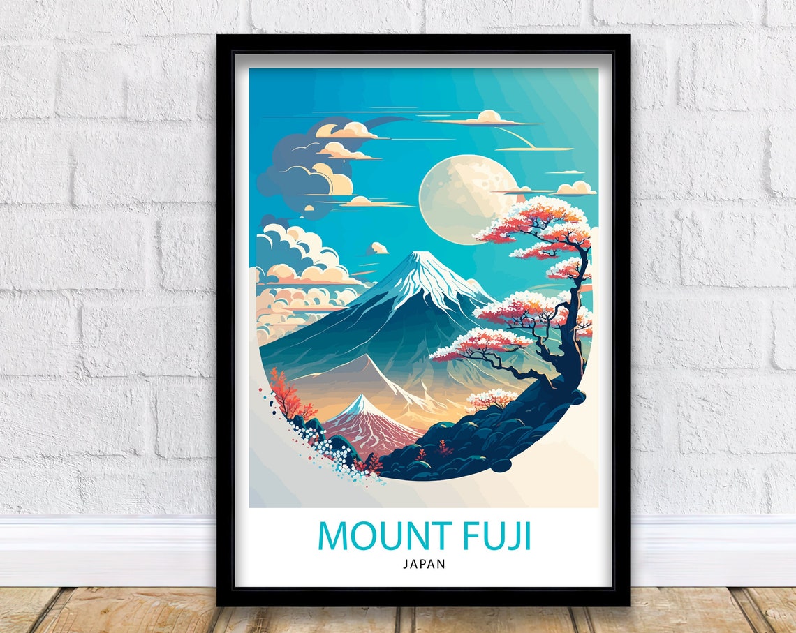 Mount Fuji Japan Cherry Blossom Full Moon Vintage Travel Poster