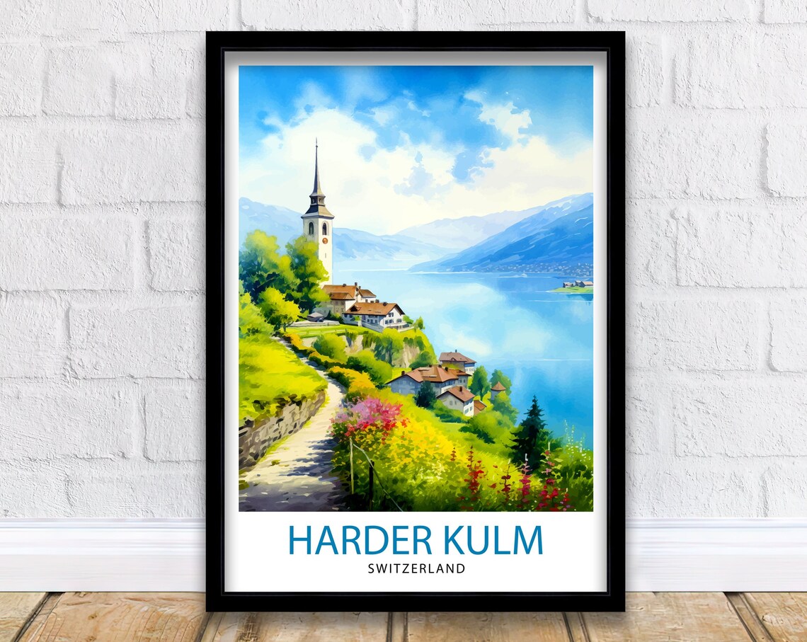 Harder Kulm Switzerland Lakeside Village Watercolor View Poster