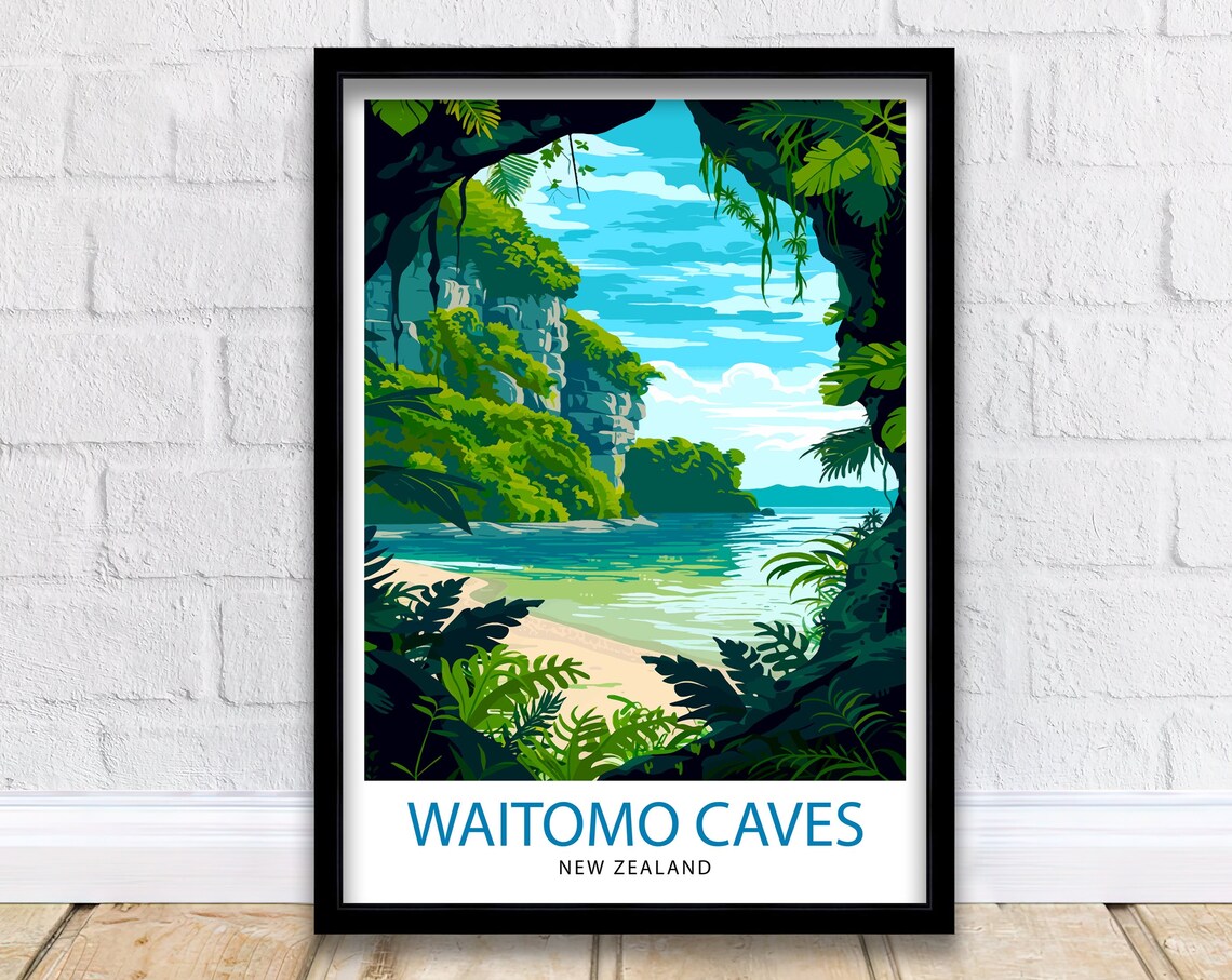 Waitomo Caves New Zealand Lush Cave Opening Beach Lagoon Travel Poster
