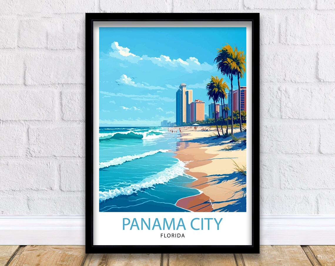 Panama City Florida Beach Skyline and Palms Vintage Travel Poster