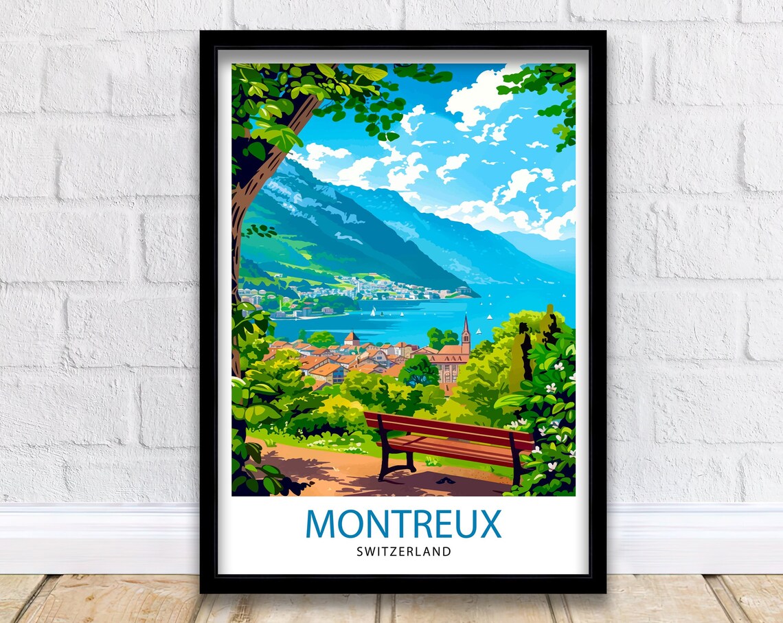 Montreux Switzerland Lakefront Town Bench View Vintage Travel Poster