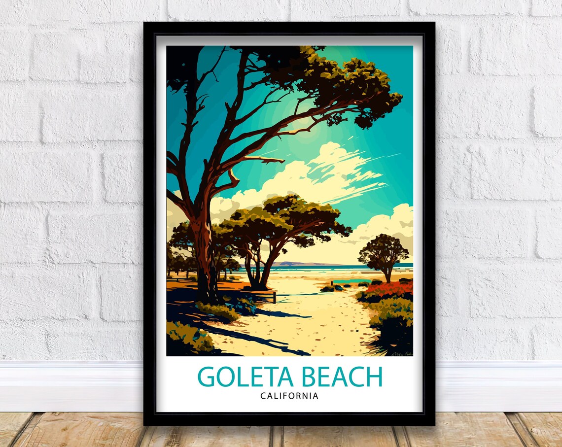 Goleta Beach California Pine Trees on Sand Vintage Travel Poster