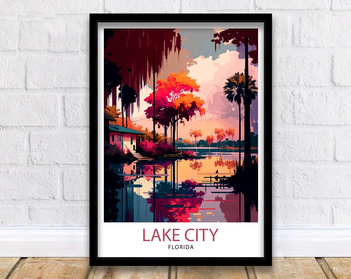 Lake City Florida Sunset Lake Cabin Cypress Vintage Travel Poster