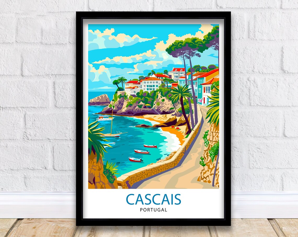 Cascais Portugal Rocky Cove Boats Palm Promenade Travel Poster