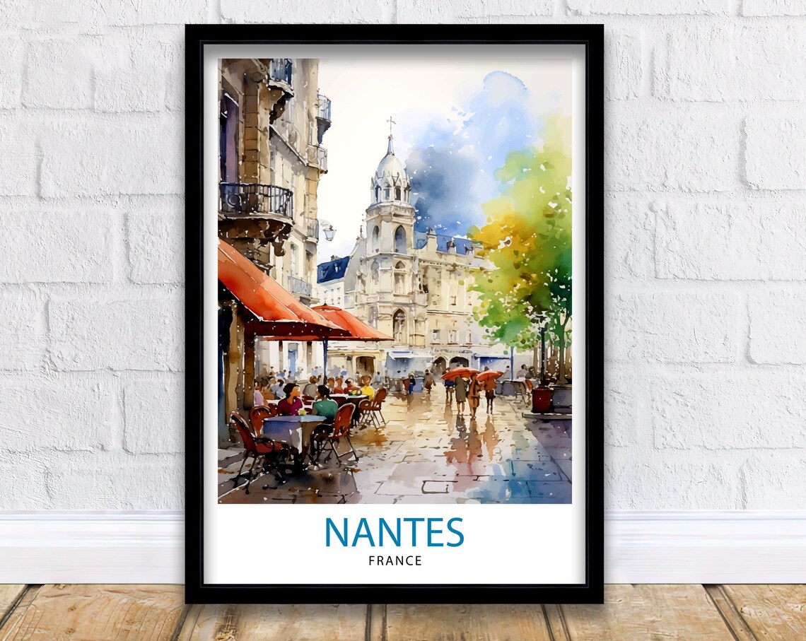 Nantes France Rainy Cathedral Street Watercolor Scene Poster