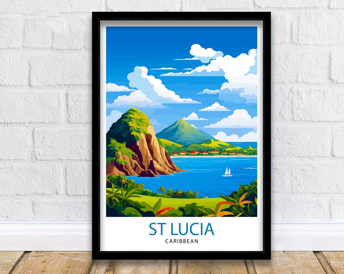 St Lucia Caribbean Tropical Twin Peaks Sailboat Bay Travel Poster