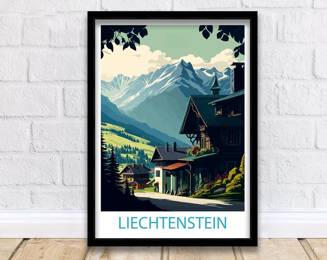 Liechtenstein Alpine Village Chalets Snow Peaks Travel Poster