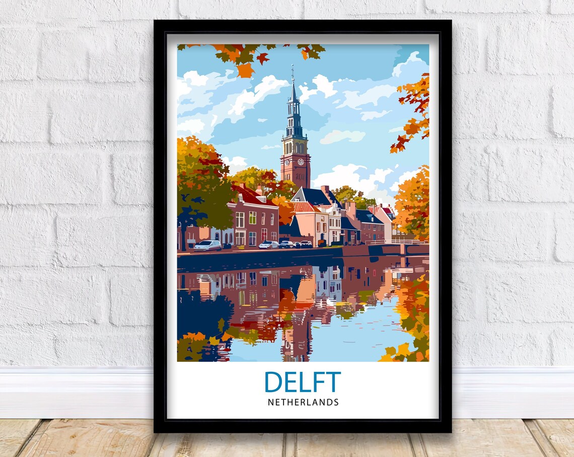 Delft Netherlands Autumn Canal Old Church Tower Travel Poster
