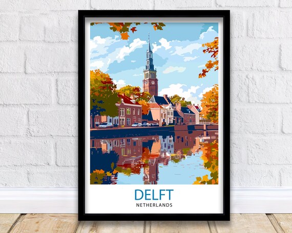 Delft Netherlands Autumn Canal Old Church Tower Travel Poster