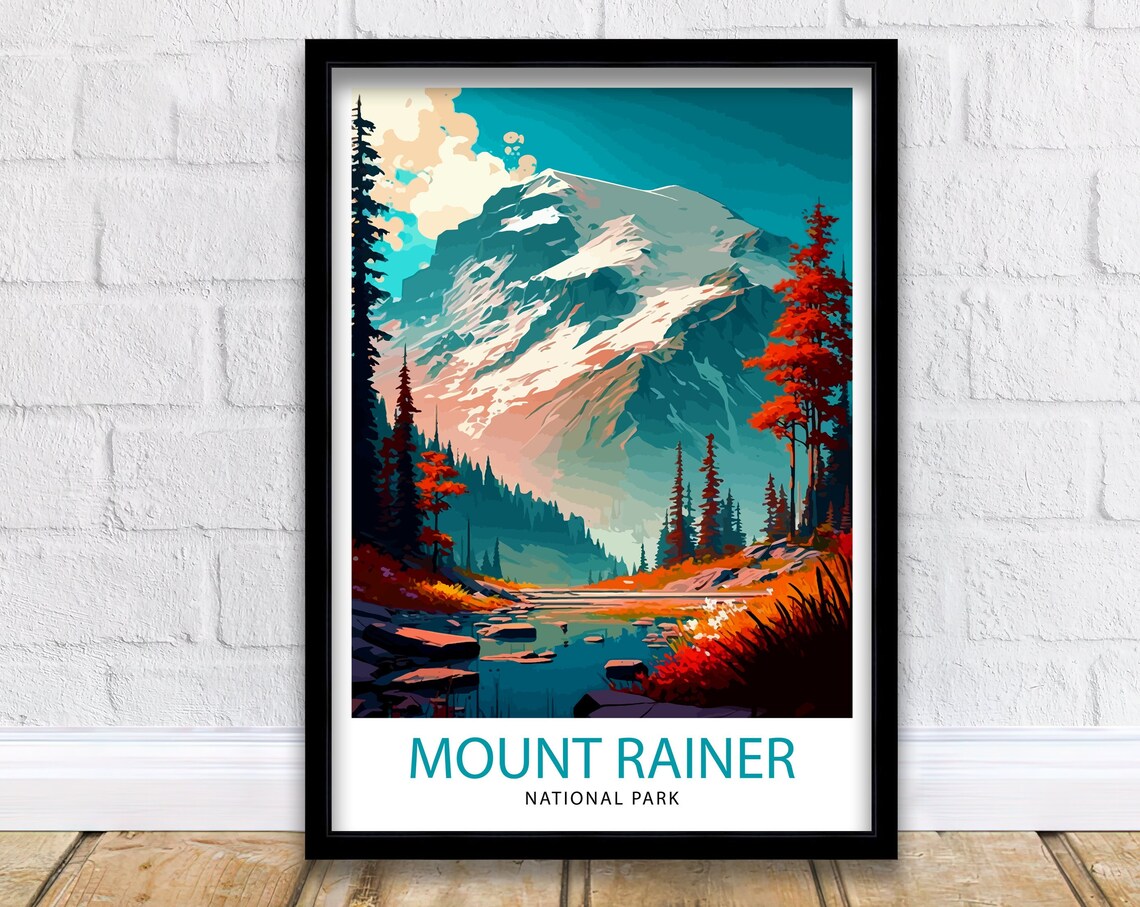 Mount Rainier National Park Snowy Peak Lake Autumn Vintage Travel Poster