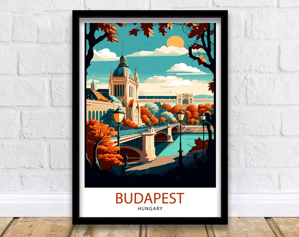 Budapest Hungary Danube Bridge Autumn Evening City Travel Poster