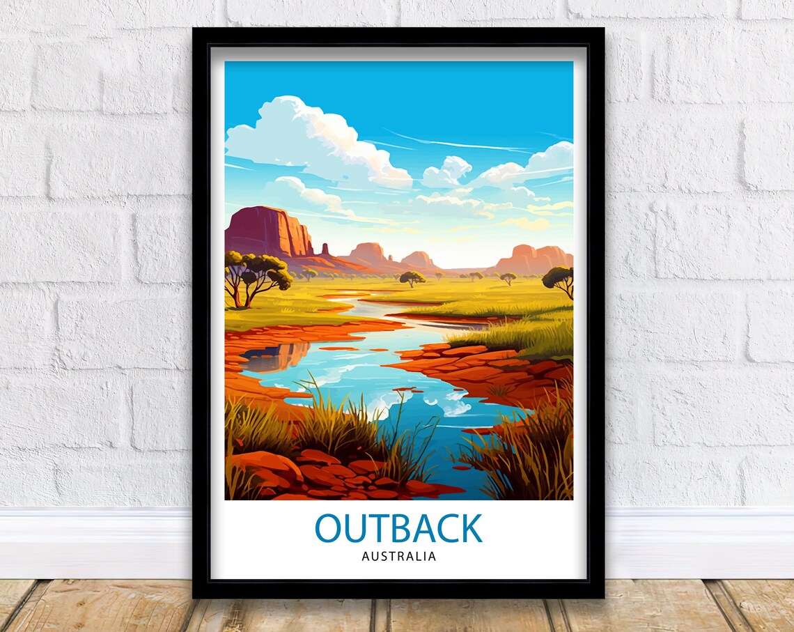 Outback Australia Red Desert River Vintage Travel Art Poster