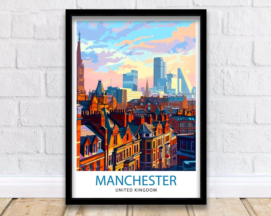 Manchester United Kingdom Brick Rooftops Skyline Travel Poster