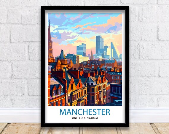 Manchester United Kingdom Brick Rooftops Skyline Travel Poster