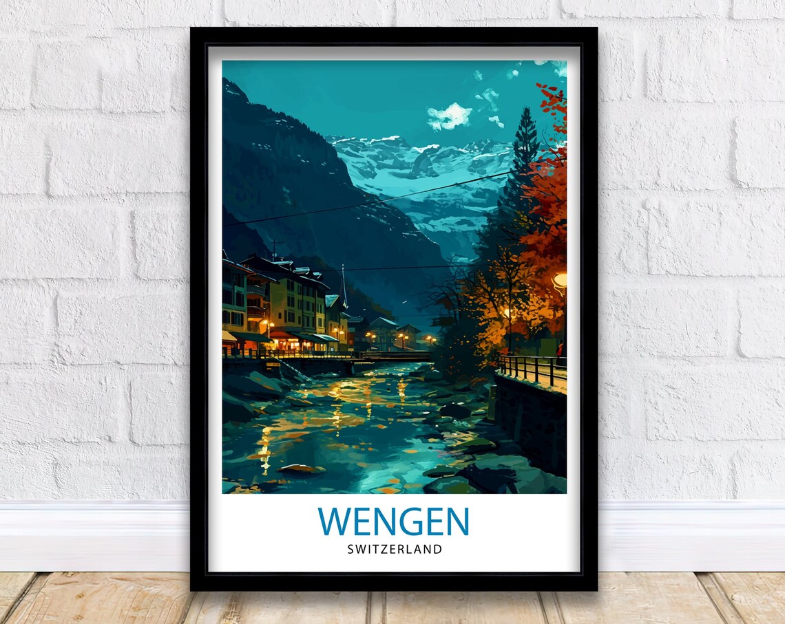 Wengen Switzerland Evening River Village Alpine Night View Poster
