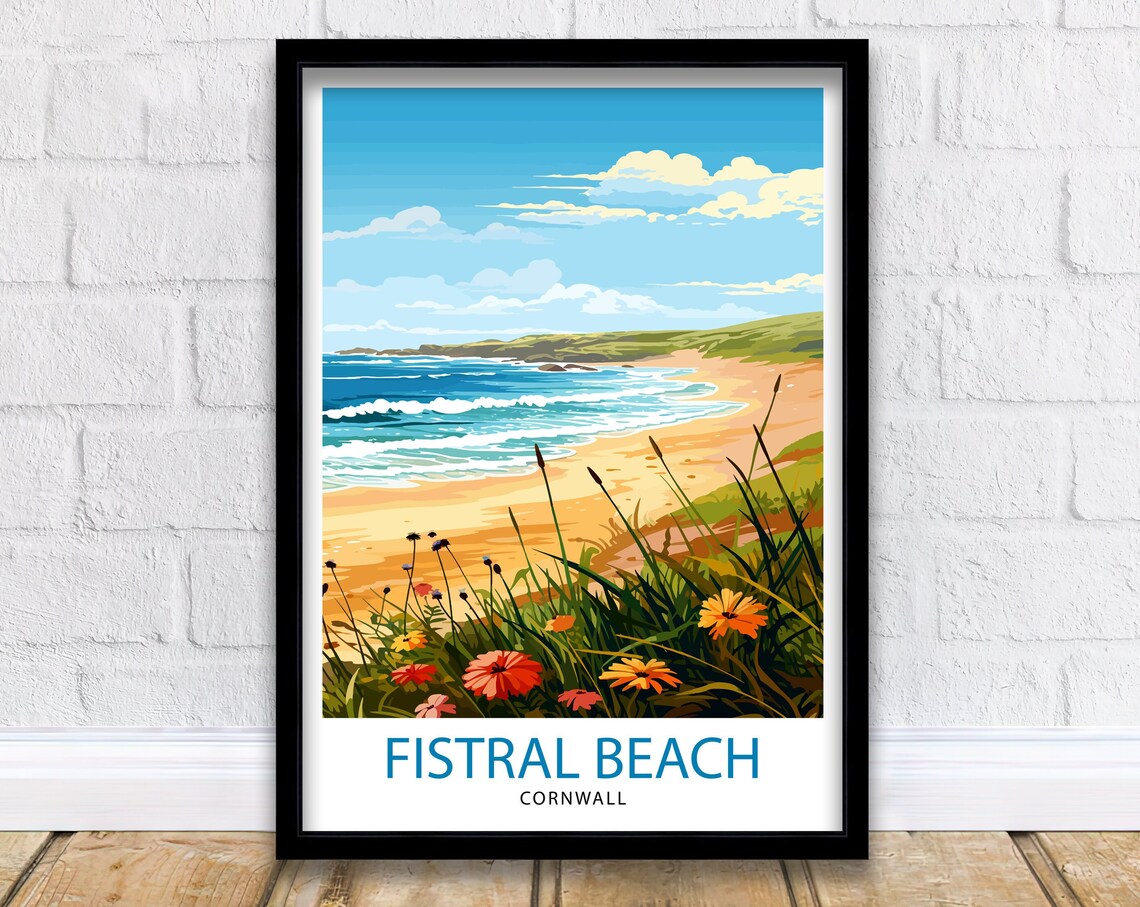 Fistral Beach Cornwall Wildflowers Surf Vintage Travel Poster