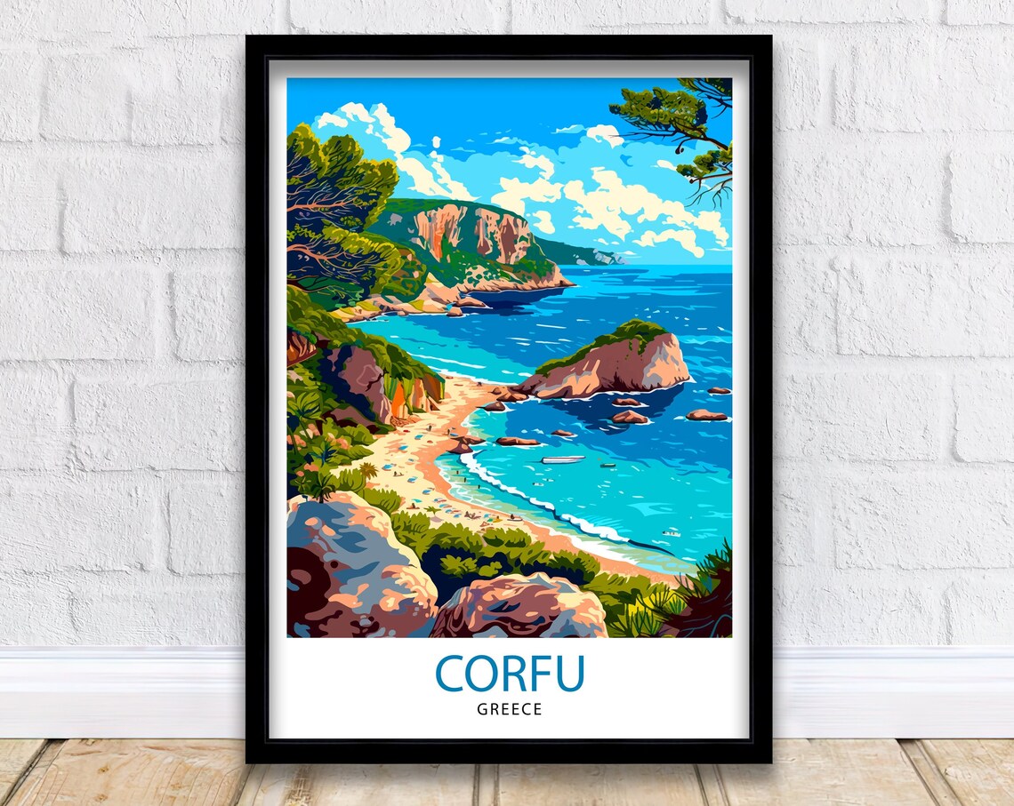 Corfu Greece Ionian Coast Cliffs Turquoise Bay Beach Travel Poster
