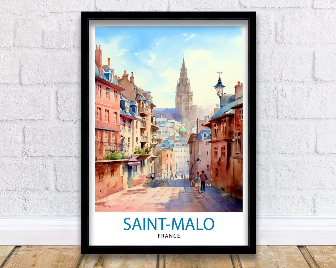 Saint-Malo France Old Street Watercolor Cathedral View Travel Poster