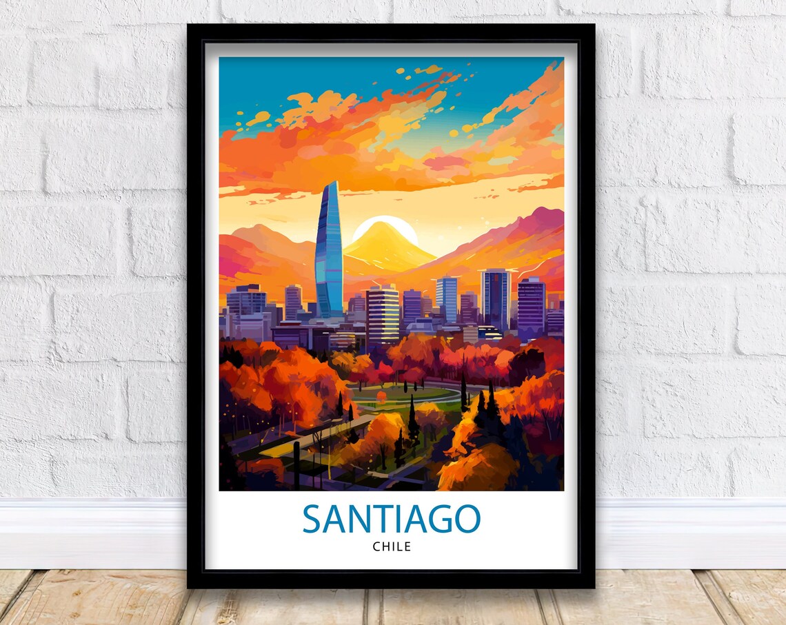 Santiago Chile Glowing Skyline at Sunset With Mountain Peaks Poster