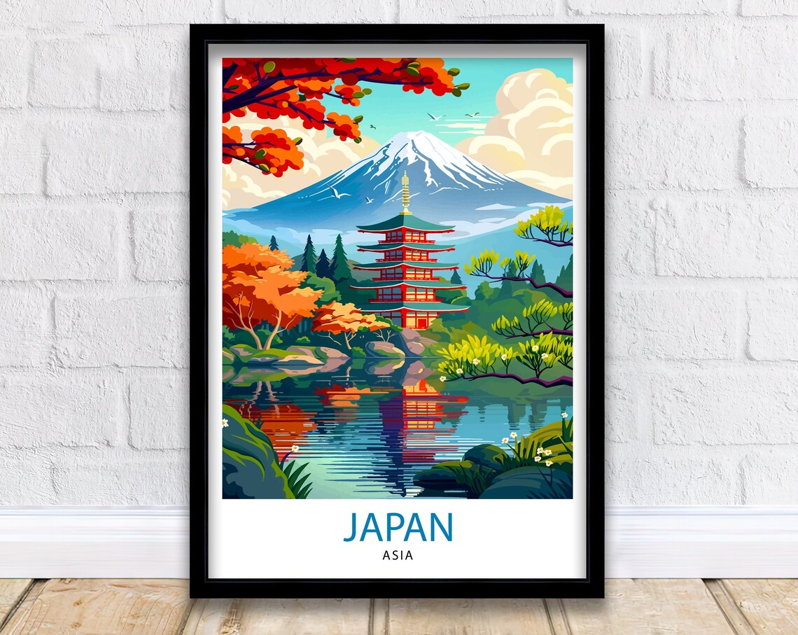 Japan Mount Fuji Red Pagoda Autumn Lake Reflection Scenic Poster