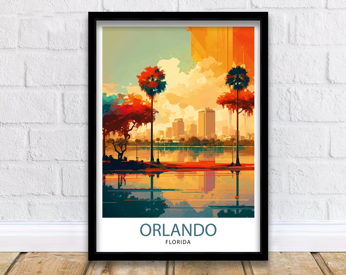 Orlando Florida Lakeside Downtown Skyline Palms Sunset Travel Poster