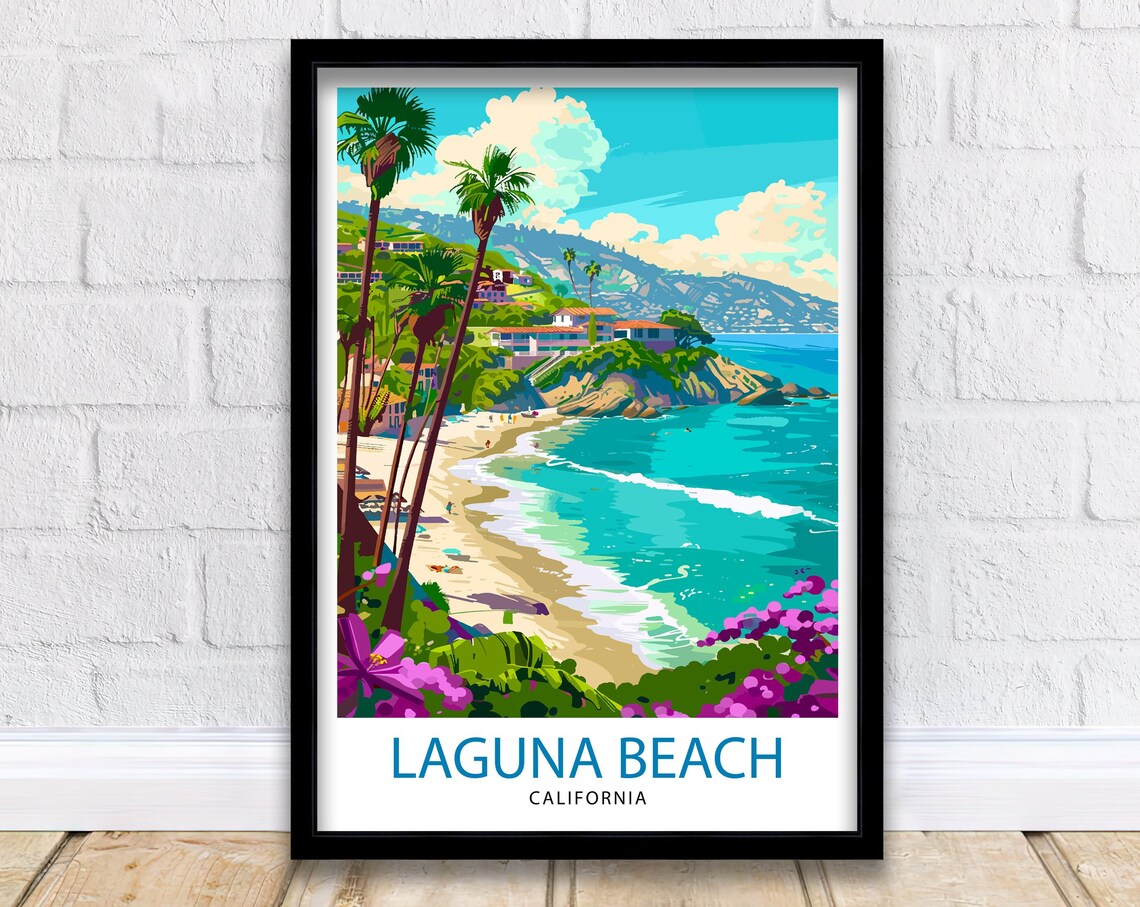 Laguna Beach California Palm Trees Ocean Surf Scene Travel Poster