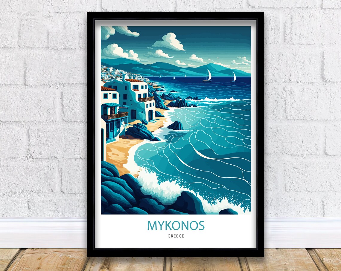 Mykonos Greece Whitewashed Coast Village Sailboats Travel Poster