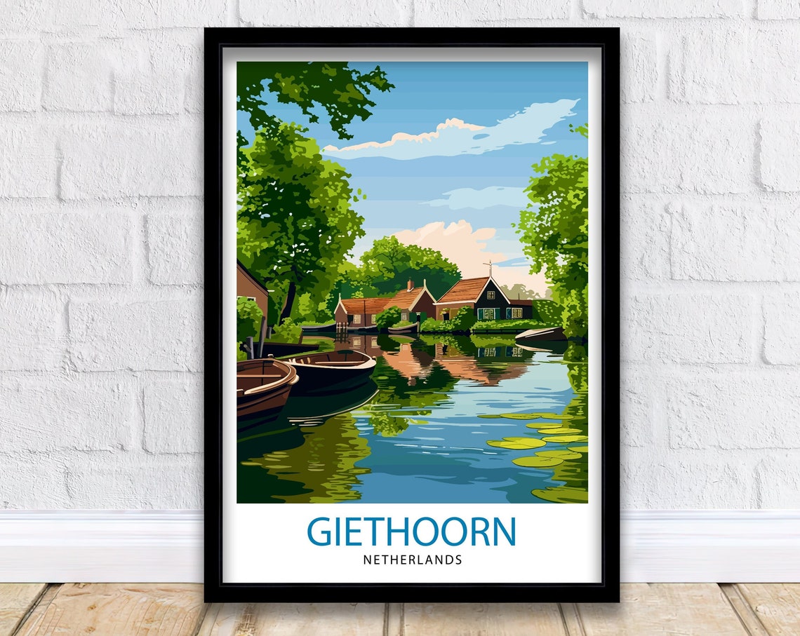 Giethoorn Netherlands Travel Poster Venice Of The North Art Water Village Print Dutch Canals Wall Decor Peaceful Village Illustration