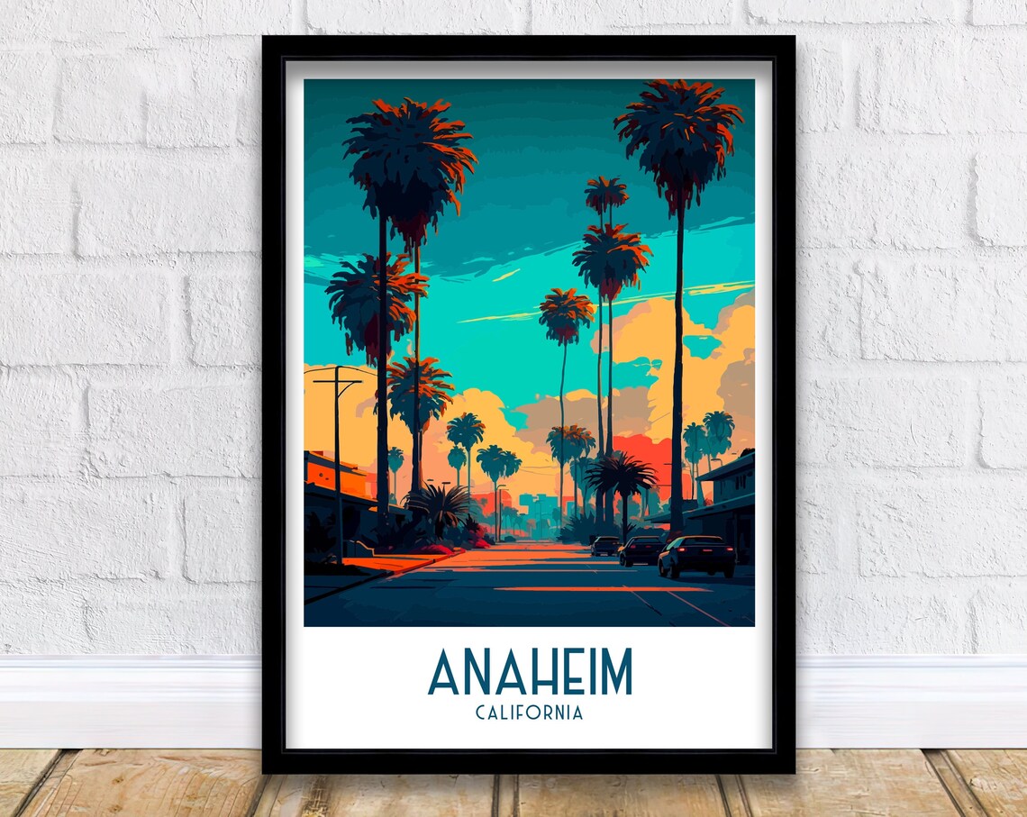 Anaheim California Palm Lined Street Sunset Retro Travel Poster