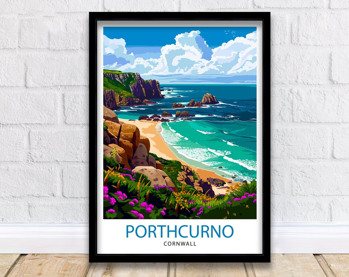 Porthcurno Cornwall Clifftop Flowers Beach Cove Coast Scenic Poster