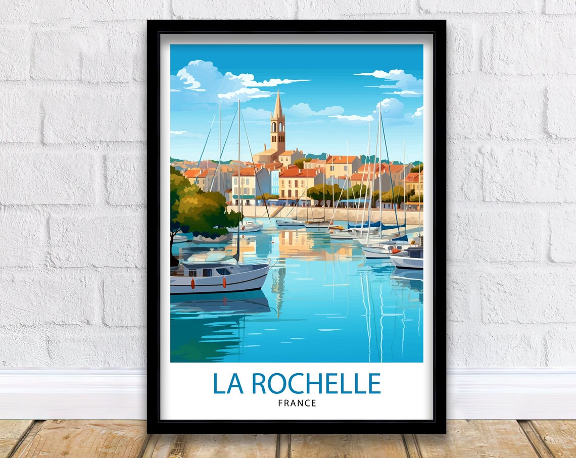 La Rochelle France Harbor Sailboats Church Tower Vintage Travel Poster