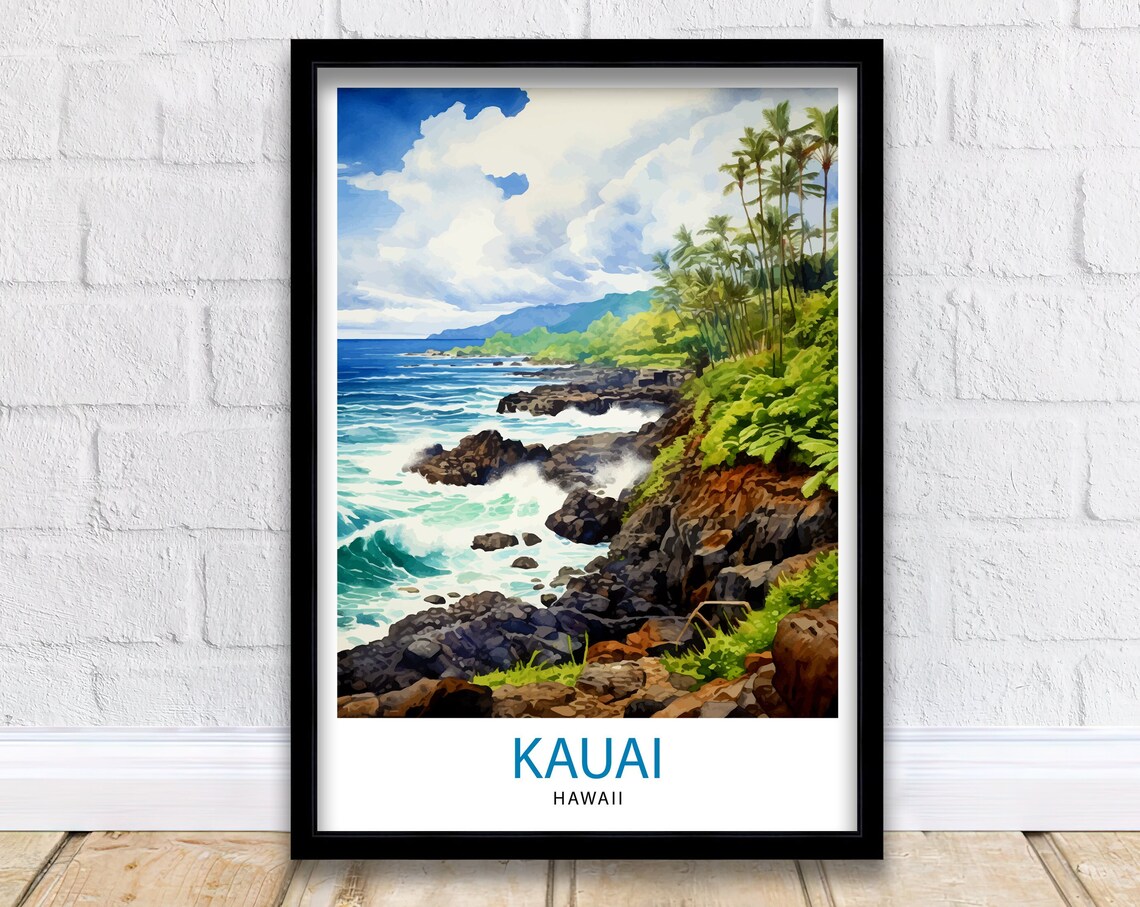 Kauai Hawaii Rocky Coastline Palms Watercolor Island Travel Poster