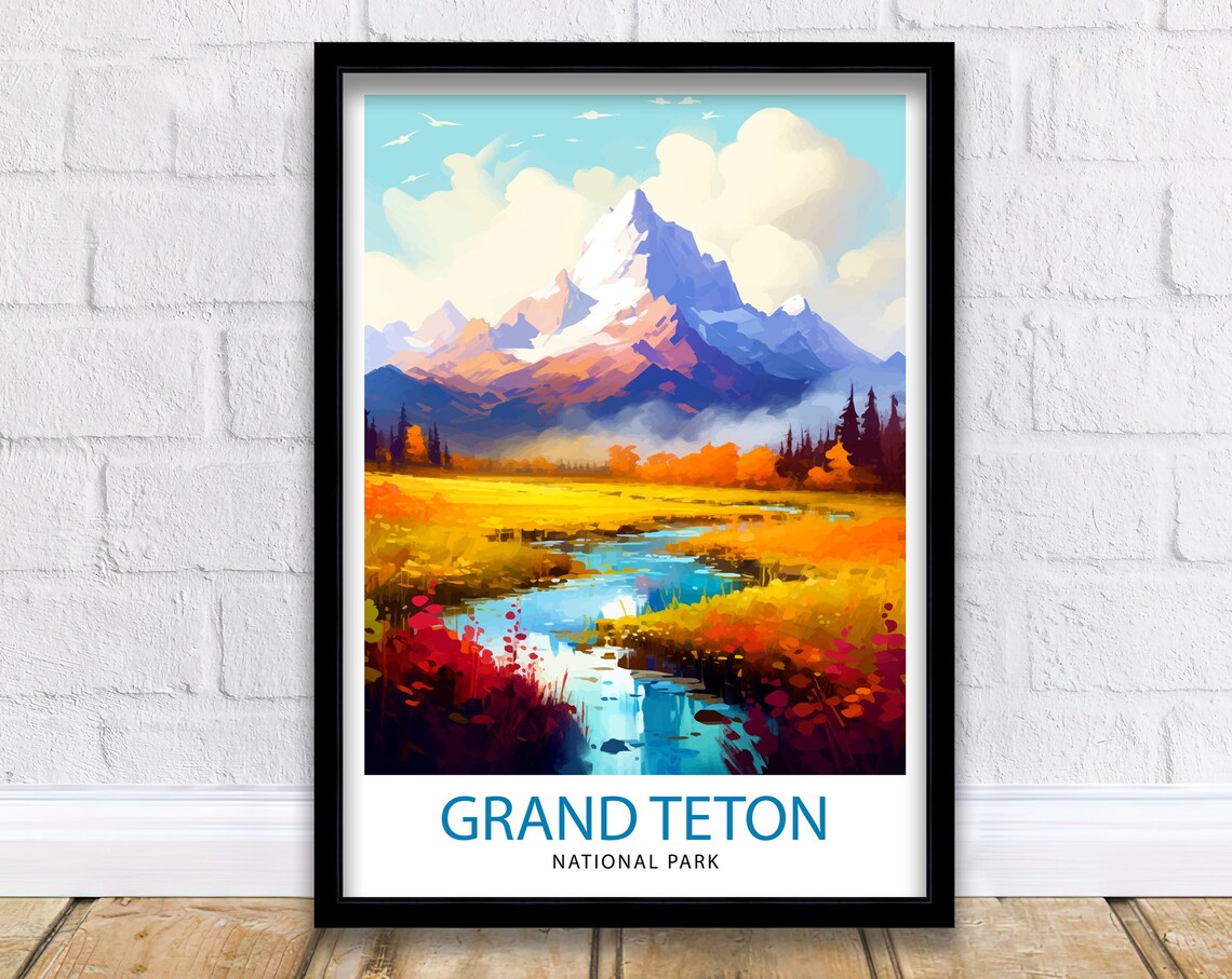Grand Teton National Park Golden Alpine Meadow Stream Travel Poster