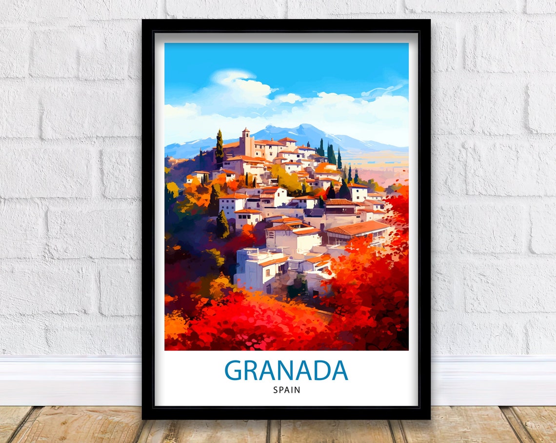 Granada Spain Hillside White Town Red Trees View Travel Poster