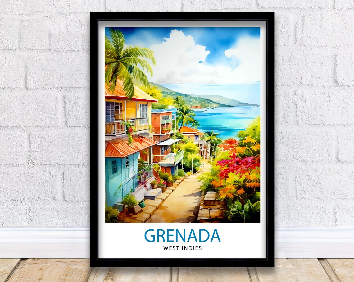 Grenada West Indies Colorful Caribbean Coastal Town Travel Poster