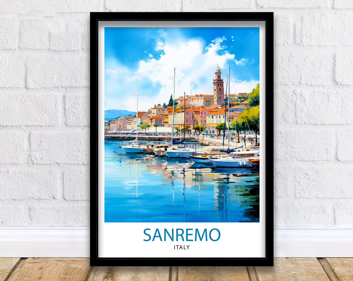 Sanremo Italy Watercolor Harbor Bell Tower Sailing Boats Art Poster