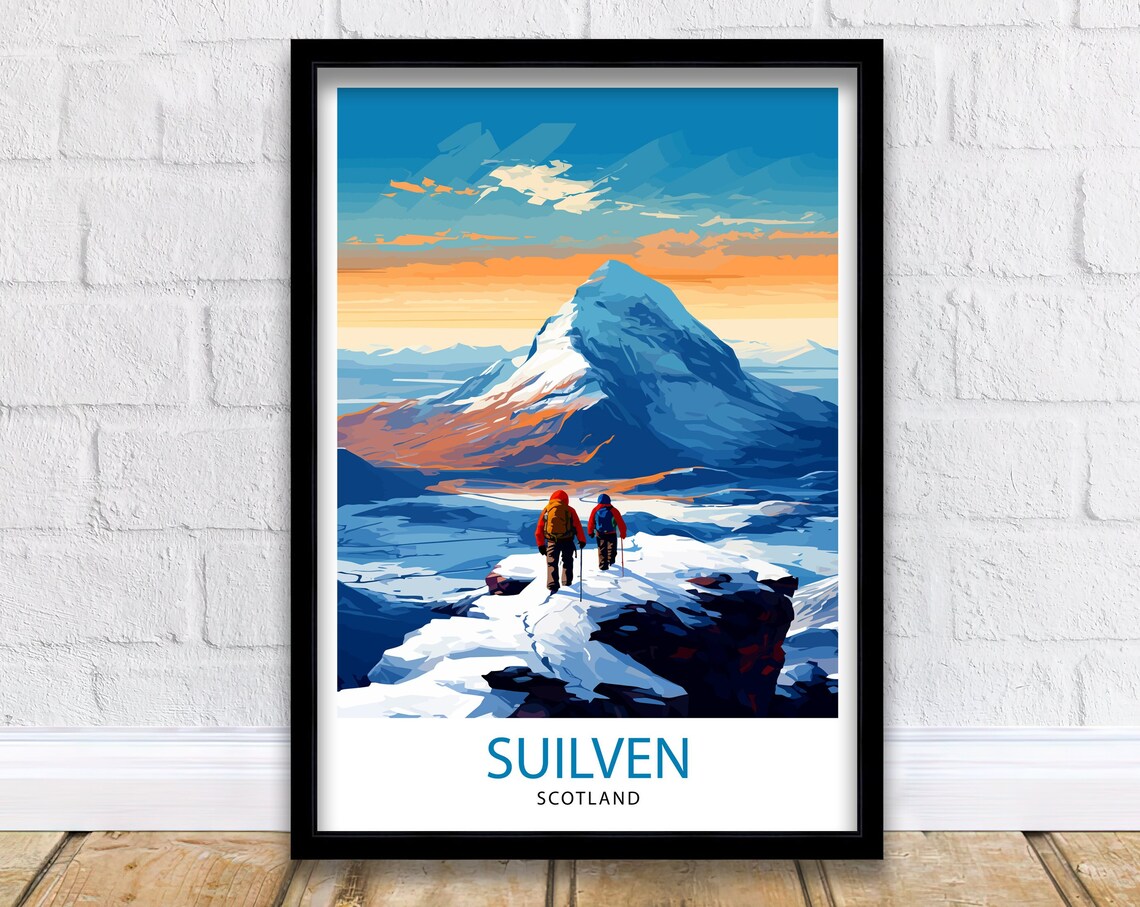 Suilven Scotland Highland Peak Hikers Snow Sunset Travel Poster
