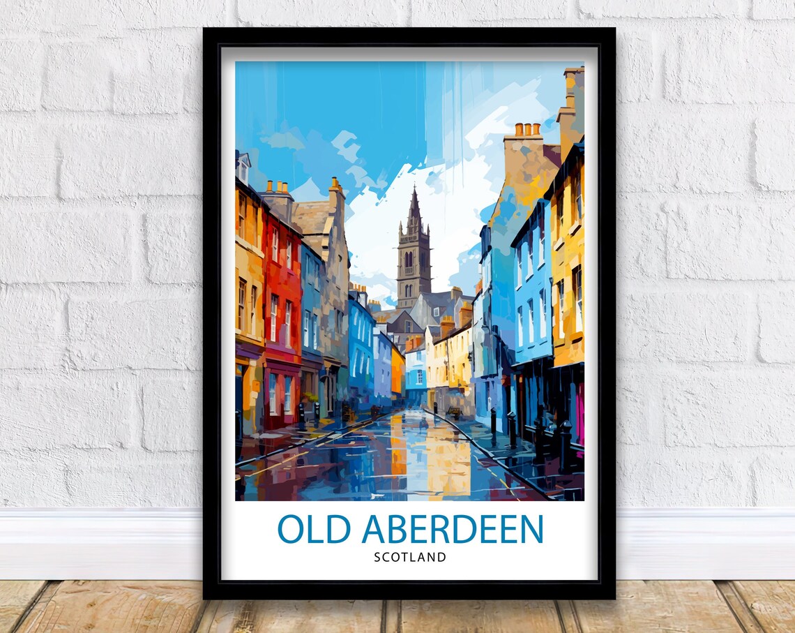 Old Aberdeen Scotland Colorful Street Church Tower View Poster
